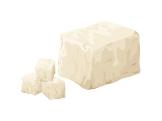 Feta soft cheese. Cartoon greek brined curd white peace made from sheeps milk. Delicious food of soy milk. Vegetarian product vector illustration