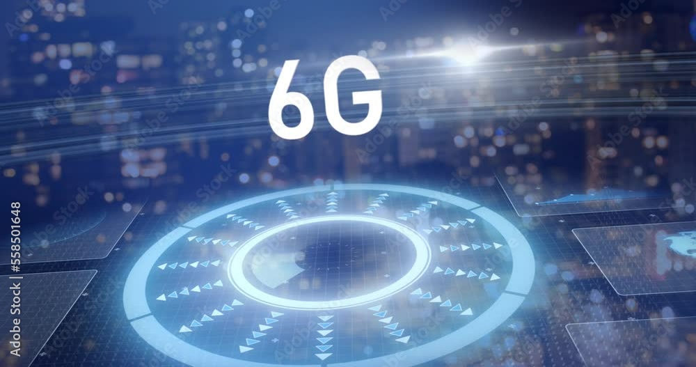 Poster animation of 6g text, data processing and scope scanning with screens