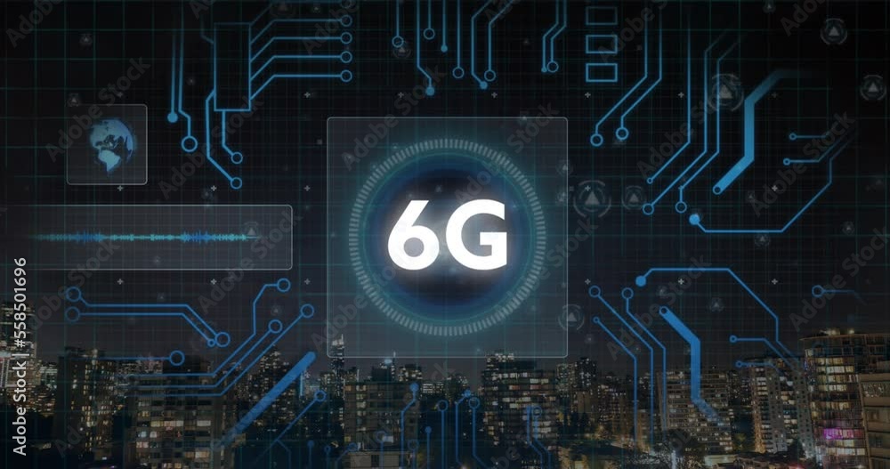 Poster animation of 6g text, data processing and computer circuit board