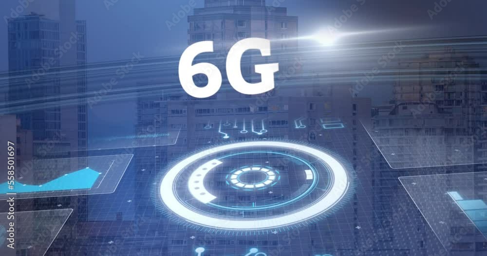 Poster animation of 6g text, data processing and computer circuit board