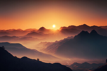 At sunset, hazy mountains in a mystery landscape are illuminated by gentle light. Generative AI