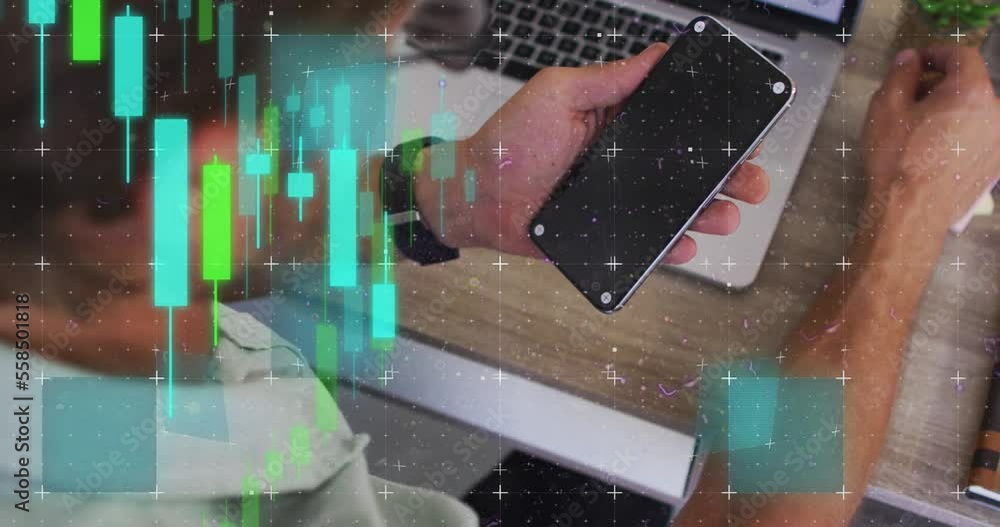 Poster animation of data processing over man using smartphone