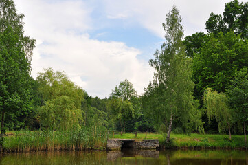 Summer landscape with forest, pond and village bridge