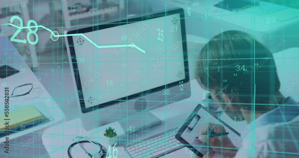 Poster animation of data processing over man using computer with blank screen