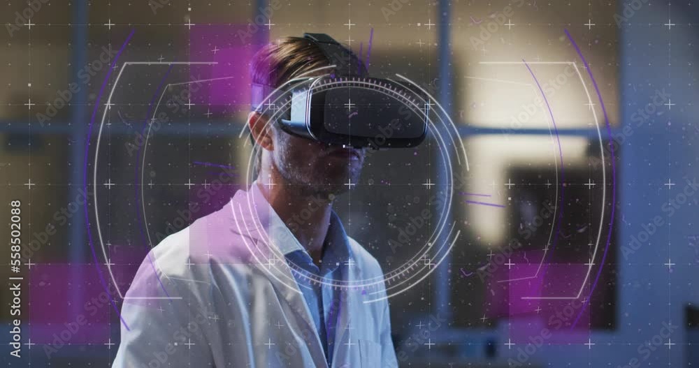 Poster animation of data processing over man using vr headset