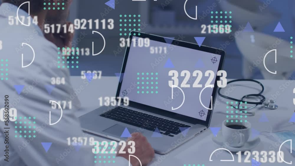 Poster animation of data processing over man using laptop with blank screen