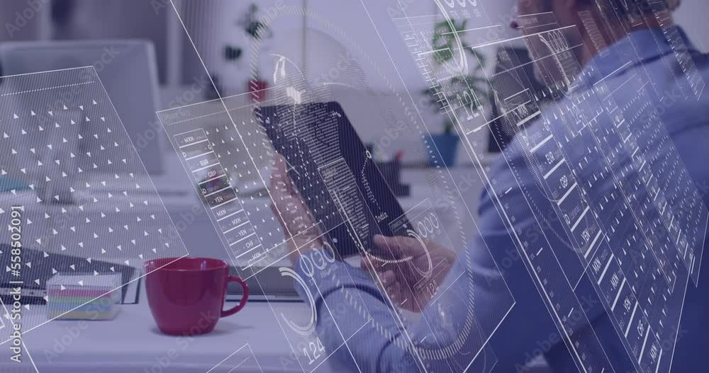 Poster animation of data processing over man using tablet