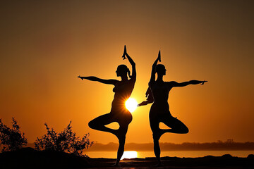 Yoga is being practiced by two persons as the sun sets. Generative AI