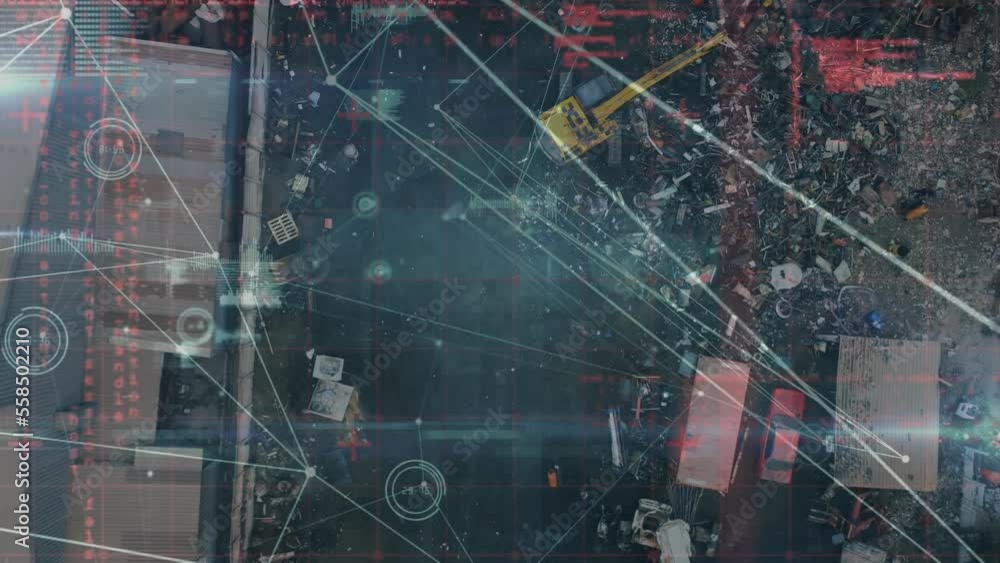 Poster animation of data processing with icons over cityscape