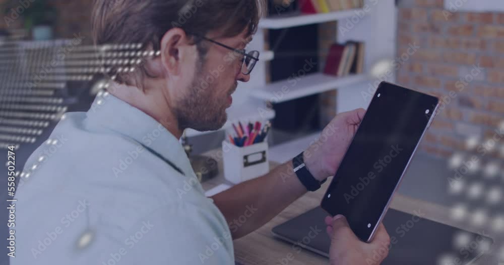 Poster animation of data processing over man using tablet