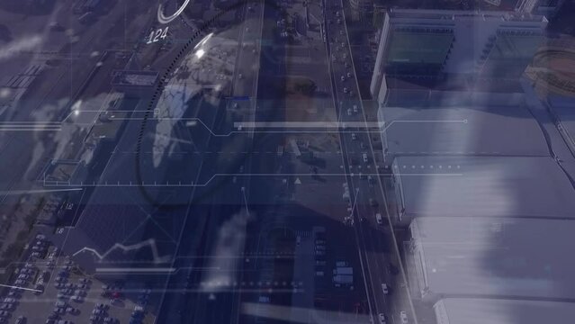 Animation of data processing with icons over cityscape