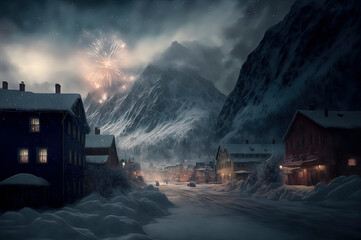Fototapeta premium Huge glacier slowly encroaching on a cozy winter town thats celebrating New year with fireworks