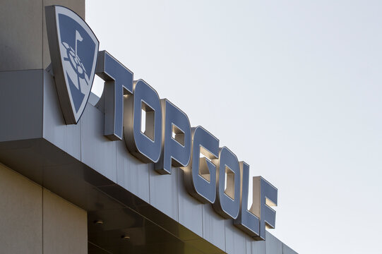 Hillsboro, Oregon, USA - Feb 21, 2020: The Topgolf entrance sign at the sports entertainment company Topgolf International's driving-range location in Hillsboro, Oregon.