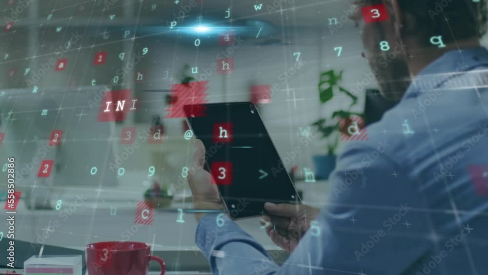 Poster animation of data processing and text over man using tablet