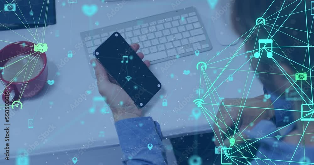 Poster animation of data processing over man using smartphone