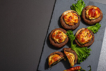 Baked stuffed mushroom caps ready for eating. Champignons, spices, vegetables, cheese