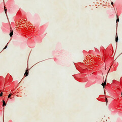 Wispy Traditional Spring Cherry Blossom Design/Background on Calligraphy Quality Rice Paper Texture, Seamless Pattern/Tile - Generative AI