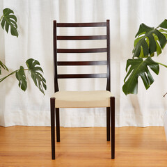 Midcentury modern dining room chair. Vintage rosewood chair with fabric seat. Product photograph in...