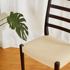 Midcentury modern dining room chair. Vintage rosewood chair with fabric seat. Product photograph in...