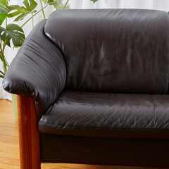 Mid-century modern, black leather sofa. Stylish vintage living room furniture side detail with a...