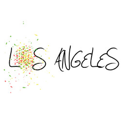 decorative los angeles text with colorful paint drops on white background