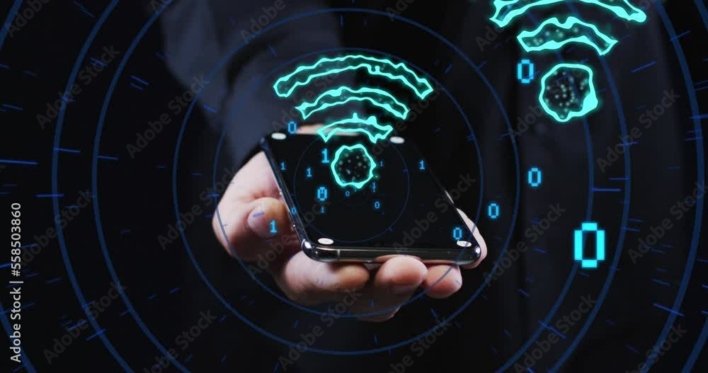 Aufkleber animation of data processing over man holding smartphone