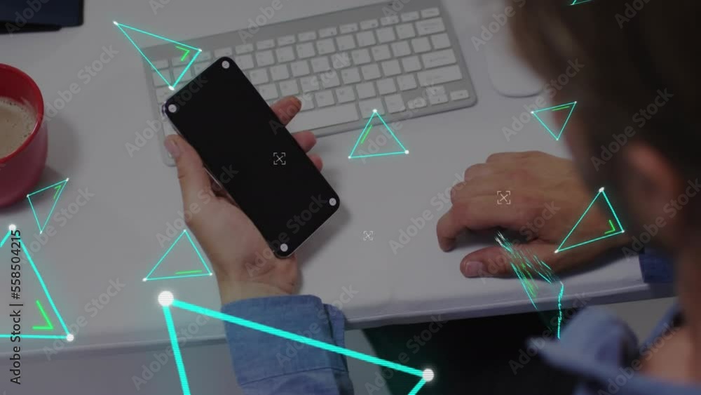 Poster animation of triangles and data processing over man using smartphone