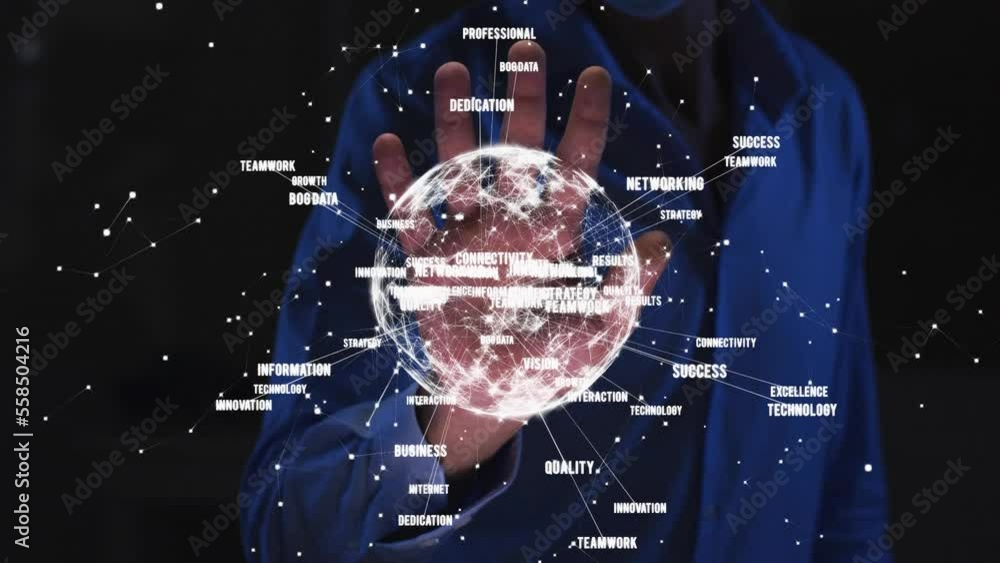 Poster animation of globe with data processing and biometric hand reading