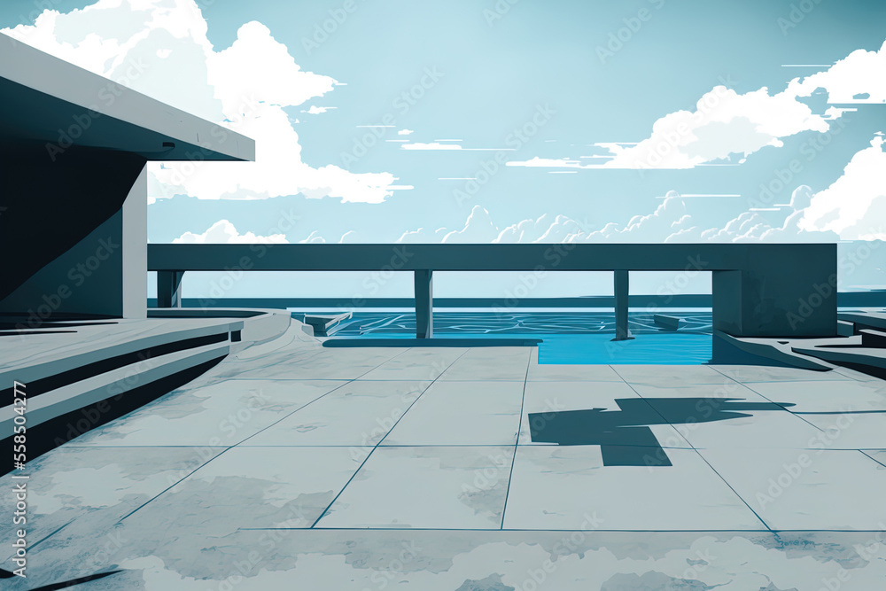 Aufkleber concrete parking lot with an empty floor and a pool. illustration of an abstract structure with a ba