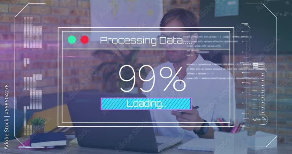 Poster animation of data processing over man using laptop