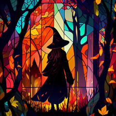 Stained glass design with witch wearing all black, generative ai