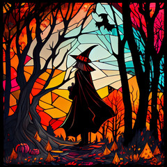 Stained glass design with witch wearing all black, generative ai