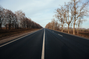 Fototapeta premium New asphalt road with markings and road signs in the sun's rays