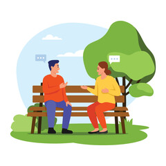 Vector illustration couple sitting on a bench. Cartoon scene with a guy and girl sitting on a park bench and talking on white background.