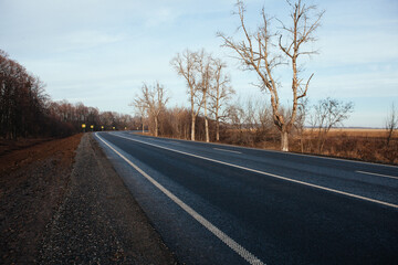 Fototapeta premium New asphalt road with markings and road signs in the sun's rays