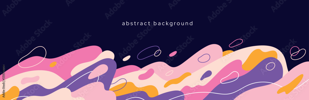 Poster banner with fluid dynamic blobs, organic line and melt doodle pattern. flat vector illustration