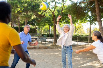 Two mature couples playing volleyball in a summer park