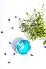 Cold tonic water and blue forget me not flowers bouquet on trendy stand isolated on white background