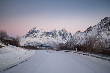 Atlantic road. Norway Lofoten islands, Norway. Nothen light, mountains and frozen ocean. Winter landscape at the night time. Norway travel - image. 