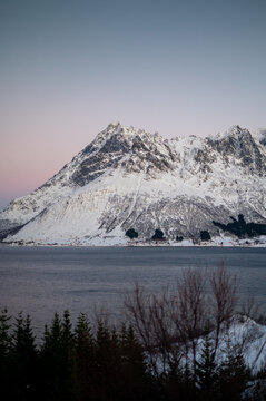 Lofoten islands, Norway. Nothen light, mountains and frozen ocean. Winter landscape at the night time. Norway travel - image. nordic sea. Fjords