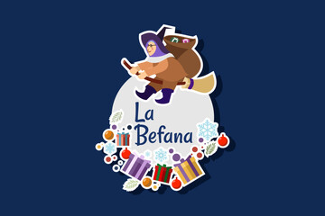 Handwritten brush lettering La Befana for Epiphany celebration in Italian isolated on the white, old witch.