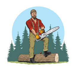 Lumberjack with chainsaw and downed log, forest background. Vector illustration.