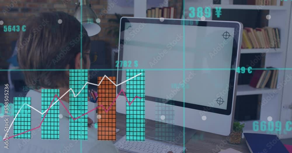 Poster animation of financial data processing over caucasian businessman using computer with copy space