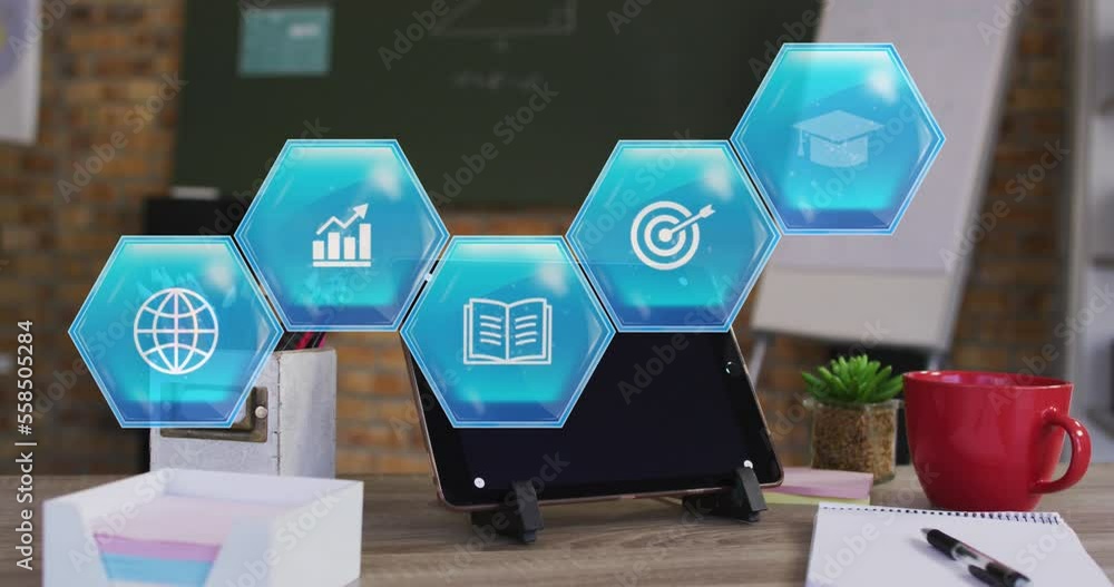 Poster animation of icons over tablet with copy space on desk