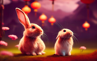 Rabbit in chinese scenary, chinese new year,