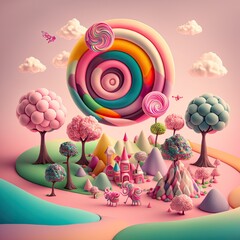 Fantasy candy landscape with many sweets including lollipops, cake, chocolate, candy cane, cookies, marmalade in a cute colorful design