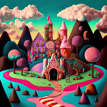 Chocolate castle candy landscape with many lolly sweets of all kinds, cute colorful