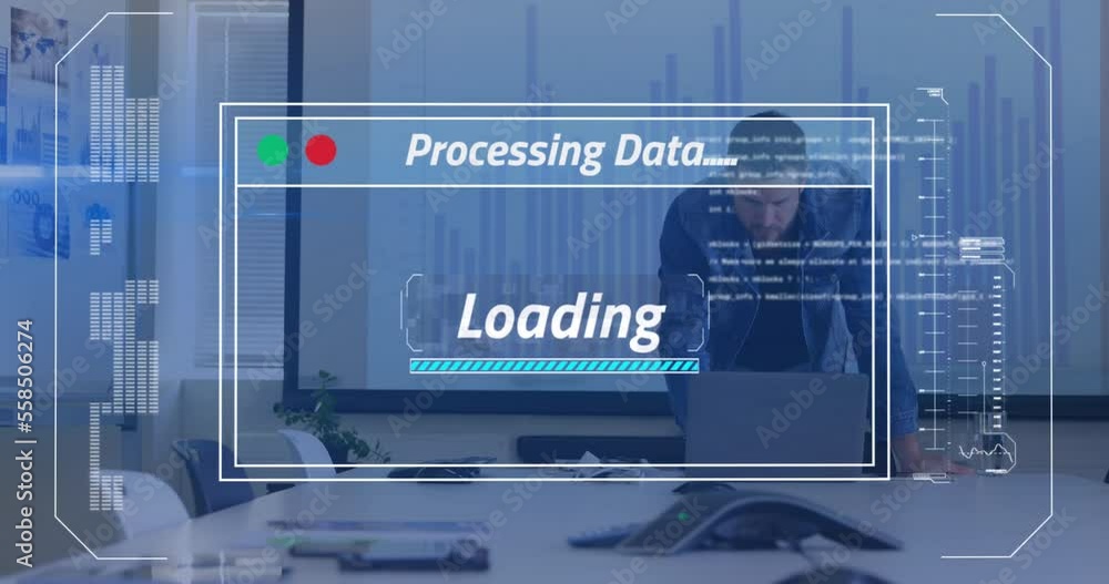 Aufkleber animation of data processing over caucasian businessman using laptop