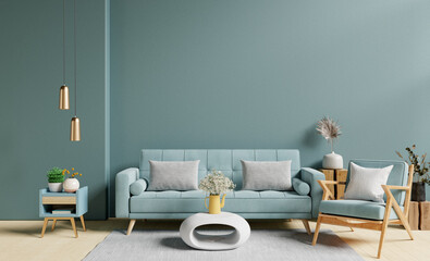 Modern living room mockup with mint green sofa, armchair and luxury living room interior background. © Vanitjan