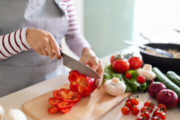 Unrecognizable woman making healthy dinner, preparing meal at home